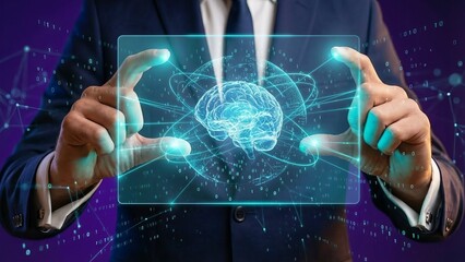 Hands of businessman working with AI artificial intelligence virtual assistant icons over purple copy space background. Concept of chat bot, machine learning and robot researchscreen