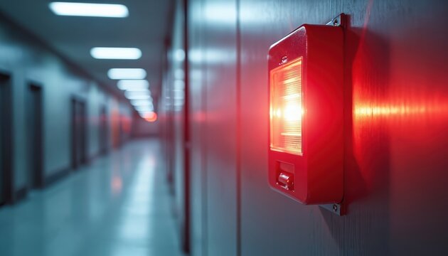 Red alarm strobe light flashes on wall in empty corridor. Emergency evacuation signal lights up building hallway. Fire safety equipment warns occupants during urgent situation.