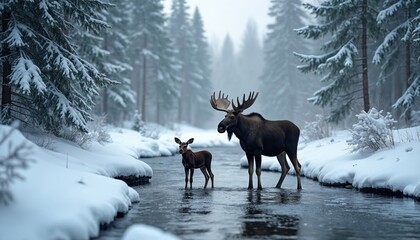 Fototapeta premium A large male moose and a young calf stand in a shallow stream. They are surrounded by a snowy forest with tall pine trees. The background is foggy and muted.