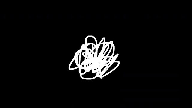Animation white hand drawn tangle with scrawl, scribble, circles on black.