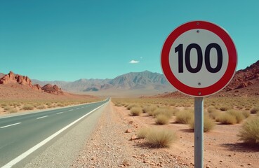 Circular speed limit 100 road sign stands by empty desert highway. Red border marks maximum allowed speed on asphalt road. Mountains and arid landscape under clear blue sky.