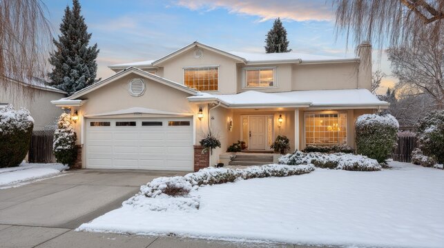 Elegant house covered in fresh snow under a twilight sky.