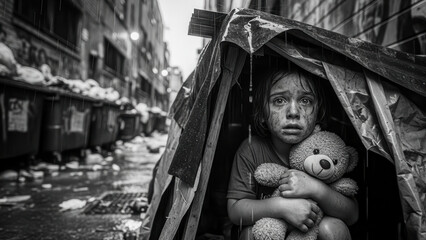 Homeless child holding teddy bear in makeshift cardboard shelter on rainy urban street.