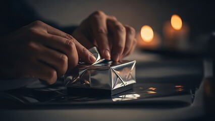 A persons hands are shown stapling a document on a desk with a blurred background