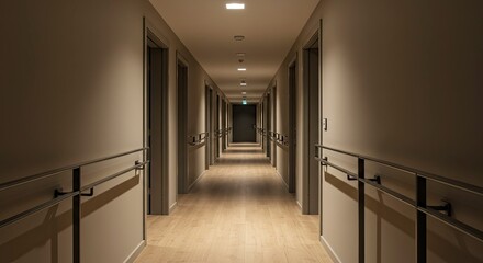 Fototapeta premium Long, dimly lit hallway with doors and handrails