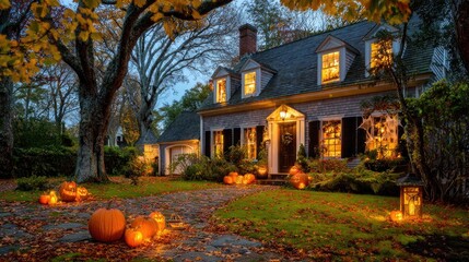 Festive pumpkins adorn a decorated house for Halloween night.