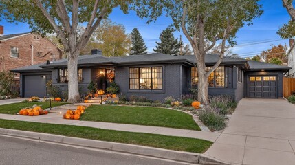 Suburban home decorated with pumpkins for autumn harvest celebration.