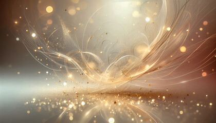 Elegant golden and shimmering white light trails gracefully swirling over sparkling glitter with soft bokeh reflections on a warm gradient background