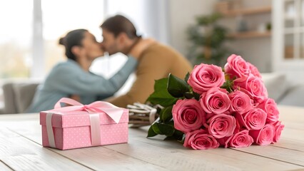 Romantic gesture with pink roses and a present, while a couple shares a kiss