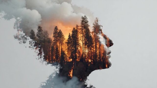 Inner Fire, Outer Storm: A thought-provoking composition depicts a person's silhouette merging with a raging forest fire, symbolizing the intensity of inner turmoil amidst environmental concerns.