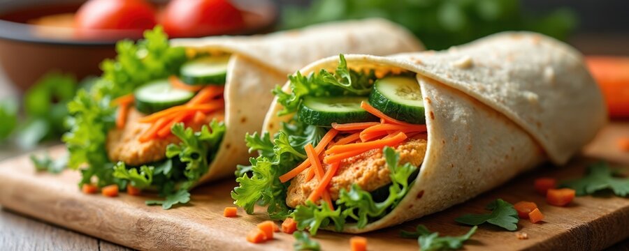 Two veggie wraps with hummus, lettuce, cucumber, and carrot sit on a wooden board. This is a healthy portable lunch or snack option. Fresh ingredients are visible.