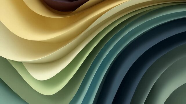 This abstract image features overlapping paper like layers in muted yellow, green, and blue tones. The flowing shapes and subtle shadows provide a stylish and tranquil visual effect