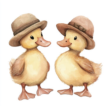 Two adorable watercolor ducklings wearing hats facing each other with gentle expressions.