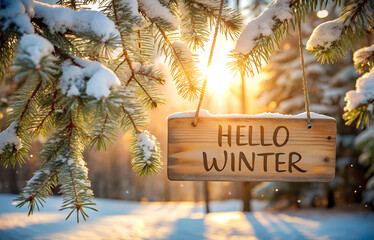 Wooden signboard with the inscription Hello winter and Snowy Pine Branch Winter Background