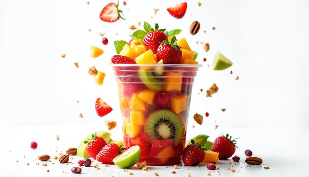 Fresh fruit salad in a cup with strawberries, mango, kiwi, and lime. Pieces of fruit and granola fly around the container, suggesting a delicious and healthy snack or dessert.