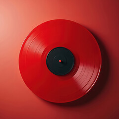 Obraz premium Red vinyl record placed on a plain red surface. This minimalistic composition highlights the disc and its grooves, suggesting themes of music, nostalgia, and retro style.