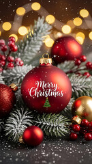 Merry Christmas ornaments and pine branches with snow