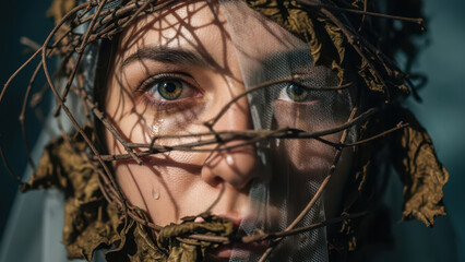 Mysterious woman face peeking through torn fabric netting with dry branches.