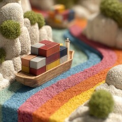 Aerial view of a container ship stranded in a narrow sandy canal as stacked cargo meets hidden political barriers shaping global trade.