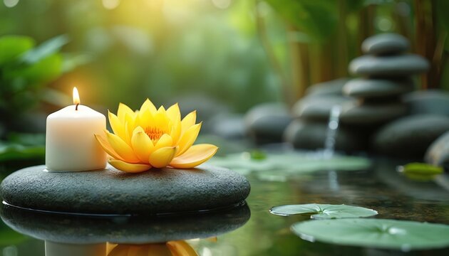 Tranquil spa setting features lit candle, yellow water lily, and stacked stones near water. Serene, natural environment promotes calm and relaxation. Zen garden design.