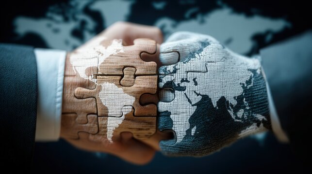 Two opposing hands force a globe shaped puzzle piece into place over a blurred world map capturing negotiation strain and global trade tension.