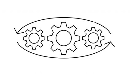 Three gears interconnected by a curved line with arrowheads suggesting a process or cycle
