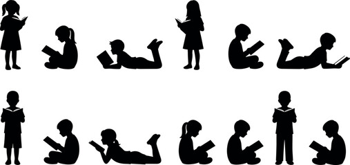Children reading books in various poses – flavector silhouette vector set for education and literacy