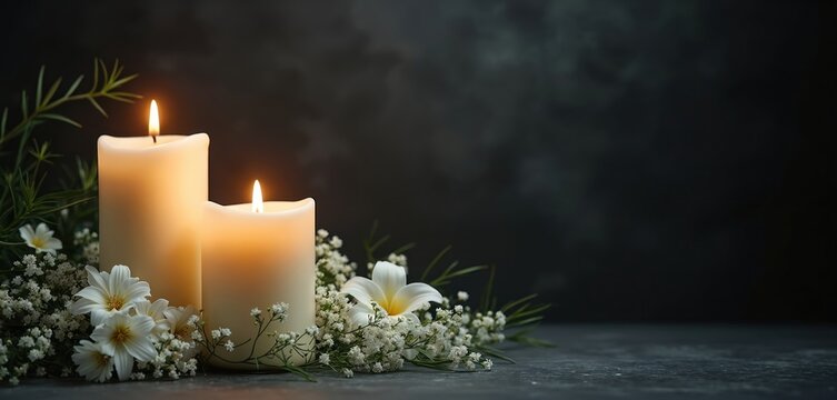 Lit candles with white flowers and green branches on dark textured background. Gentle light illuminates memorial arrangement for solemn occasion. Peaceful floral scene.
