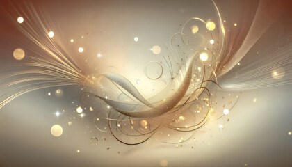 Elegant golden and shimmering white light trails gracefully swirling over sparkling glitter with soft bokeh reflections on a warm gradient background