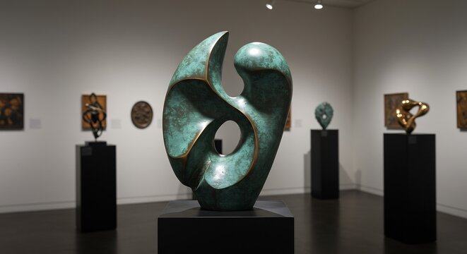 A bronze sculpture on a pedestal in an art gallery surrounded by other artworks on display