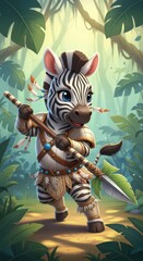 Naklejka premium Cartoon zebra warrior character stands ready with a spear in a lush jungle environment
