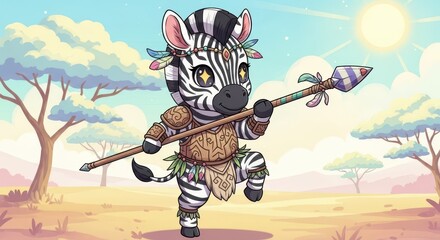 Naklejka premium Cute cartoon zebra character dressed in tribal attire holds a decorative spear in a sunny savanna landscape