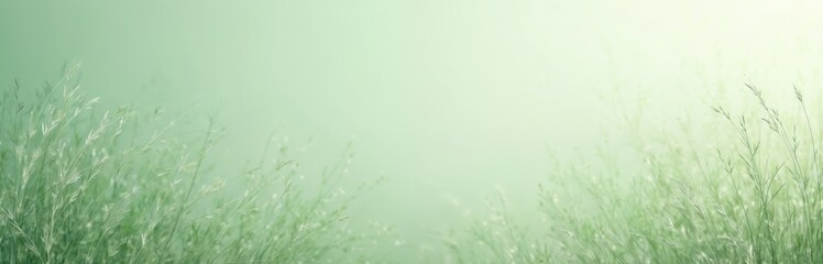 Soft focus macro shot of delicate green grass blades in soft mint light. Tall thin stalks sway gently, creating peaceful airy natural bokeh backdrop.