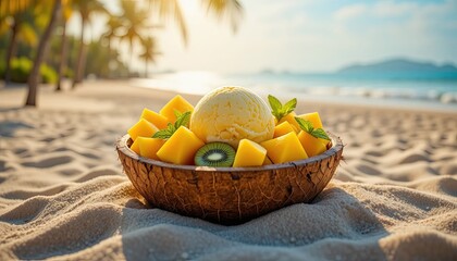 Exotic Mango Ice Cream and Kiwi Dessert Served in Coconut Bowl on Sunny Tropical Beach Sand with Copy Space
