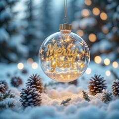 Festive Golden Glitter 'Merry Year' Ornament with Sparkly Lights Hanging in Snowy Winter Forest Bokeh Scene [with copy space]