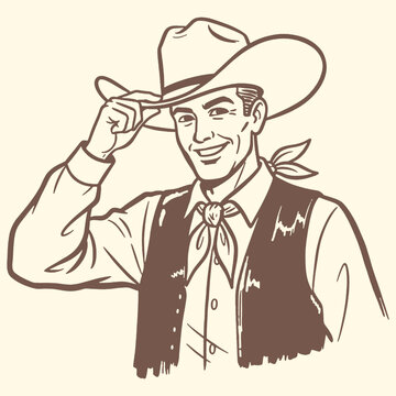 Smiling Cowboy Tipping Hat: Retro Vintage Western Man Vector Line Art Drawing in Sepia Style. Greeting Gesture, Americana Illustration.