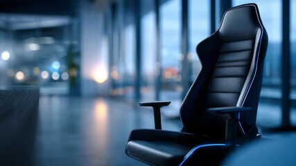 Luxurious black office chair stands in a modern workspace with large glass windows and blurred cityscape. The ergonomic design emphasizes comfort, innovation, and professional atmosphere for work - Powered by Adobe
