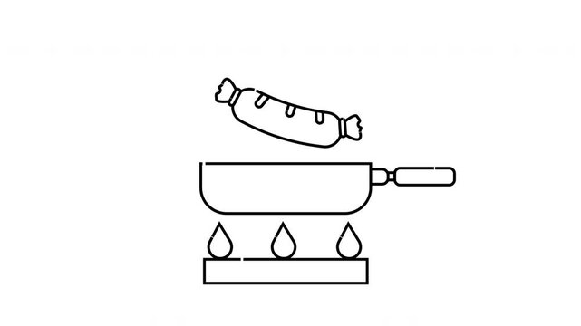 Sausage hovers above a frying pan on a lit stove Simple line drawing