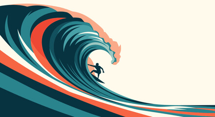 Surfer riding a massive, stylized wave with bold colors and abstract design, capturing the thrill of surfing and ocean power.