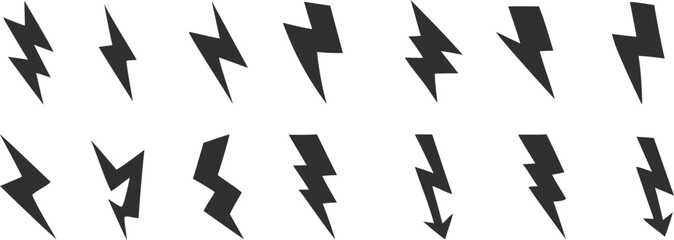 Vector Lightning Bolt Silhouette Set. Black Thunder and Electric Flash Icons for Power or Storm Energy. Isolated Simple Lightning Strike Elements Collection for Comic and Graphic Design.