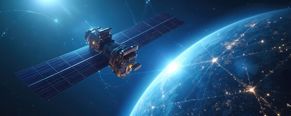 Space satellite orbits glowing Earth, connected by digital network lines. Solar panels power advanced orbital technology, facilitating global data flow and communication.