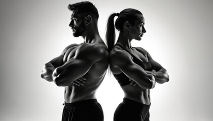 Muscular man, woman stand back to back. They wear athletic apparel, have crossed arms. Their bodies are toned, defined, suggesting strength, fitness training. Background is plain, light.