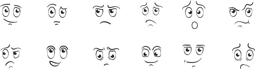 Vector Cartoon Face Emotions Set. Hand Drawn Animation Style Mascot Facial Expressions and Eyes. Isolated Comic Character Moods Collection for Emoji and Avatar Design. © Sk