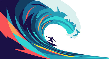 Obraz premium Silhouette of a surfer riding a massive, colorful wave with abstract splash elements, vector illustration