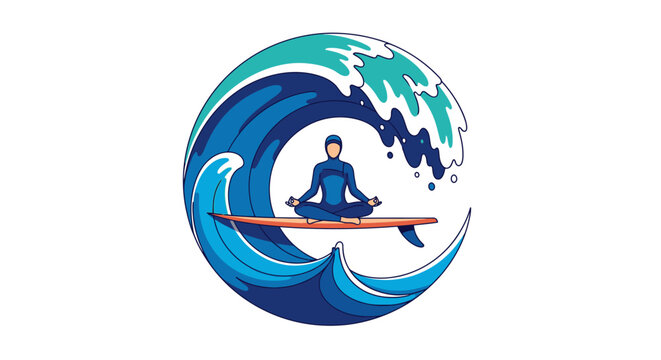 Serene surfer meditating in lotus pose on surfboard within a stylized crashing ocean wave