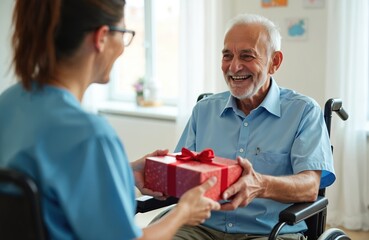 Obraz premium Caregiver gives gift box to smiling senior man in wheelchair. Elder receives present with joy on birthday or holiday occasion. Helping hand for elderly person.