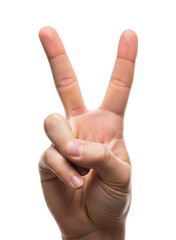 Human hand showing the victory or peace sign gesture with two fingers up, isolated on transparent background