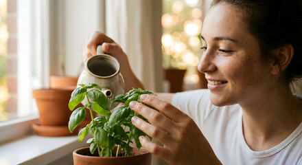 Mujer joven regando albahaca en maceta