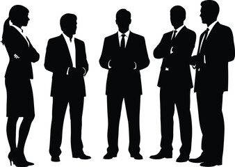 Business team silhouette, corporate meeting, professional attire, teamwork concept, black and white, formal group, office discussion, collaboration symbol