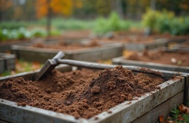 Naklejka premium Raised garden beds filled with dark soil, shovel ready for planting. Wooden frames organize earthy plots for autumn cultivation. Plants, fallen leaves suggest cool season garden preparing for growth.